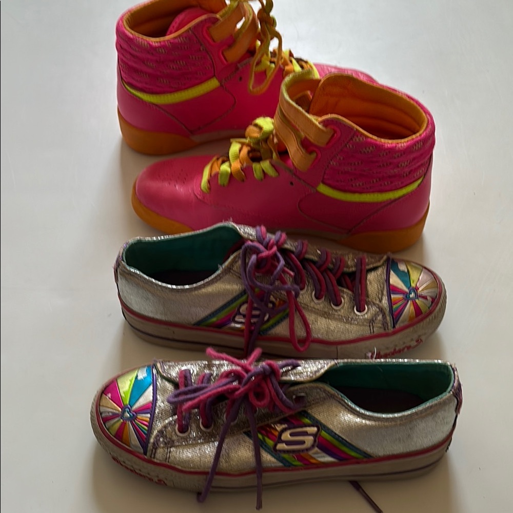 Girls size 3 retro pink Reebok high top sneakers, skechers rainbow